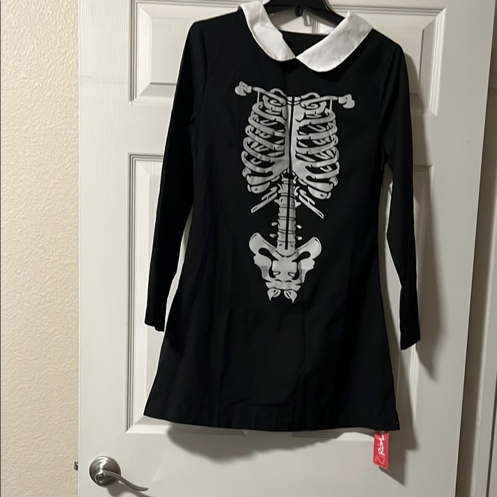 Black Skeleton Print Dress with White Collar